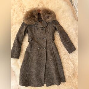 Andrew Marc Vintage Brown tweed  Trench Coat with Plush Fur Collar